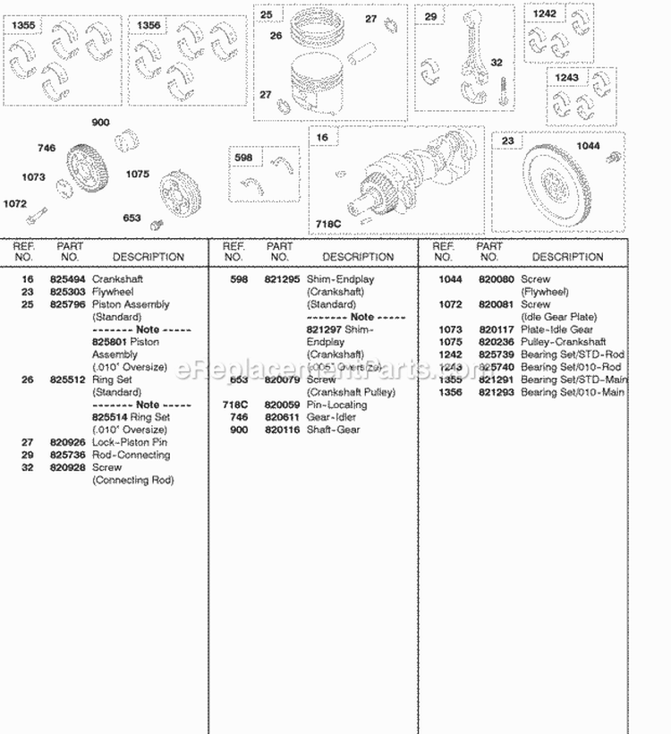 Piston Crankshaft Flywheel Diagram and Parts List for 58A447-0234-99  Briggs and Stratton Engine
